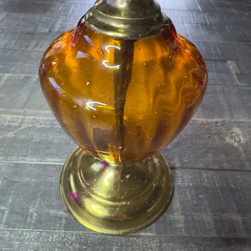 Vintage Amber Glass Candlestick Antiqued Gold Hollywood‎ Regency Decor